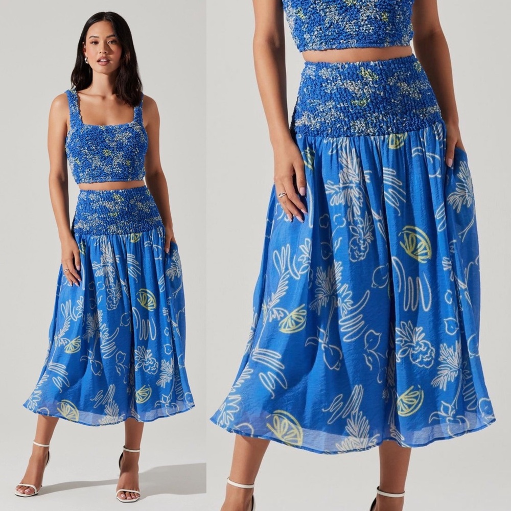ASTR The Label Tropical Print A-line Skirt In Blue Lemon Print Size Medium